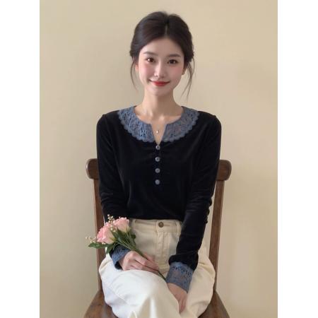 FA55361# 黑色蕾丝拼接丝绒上衣女春撞色高端独特漂亮设计百搭内搭小衫 服裝批發女裝批發服飾貨源