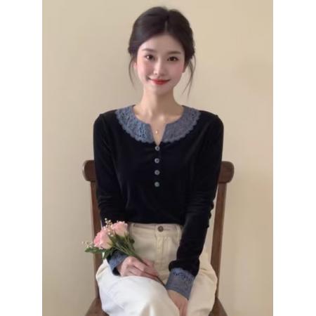 FA55361# 黑色蕾丝拼接丝绒上衣女春撞色高端独特漂亮设计百搭内搭小衫 服裝批發女裝批發服飾貨源