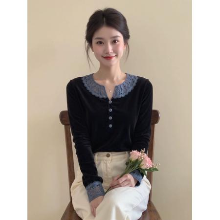 FA55361# 黑色蕾丝拼接丝绒上衣女春撞色高端独特漂亮设计百搭内搭小衫 服裝批發女裝批發服飾貨源