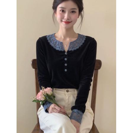 FA55361# 黑色蕾丝拼接丝绒上衣女春撞色高端独特漂亮设计百搭内搭小衫 服裝批發女裝批發服飾貨源