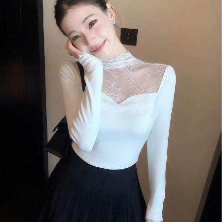 FA55363# 绝美巨好看的打底衫女秋冬内搭漂亮纯欲蕾丝拼接显瘦长袖t恤上衣 服裝批發女裝批發服飾貨源