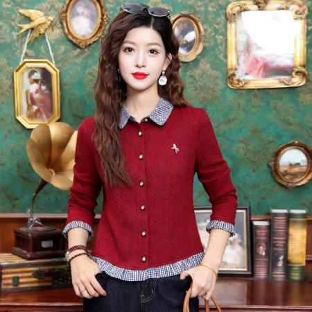 FA55364# 春秋时尚假两件针织毛衣洋气减龄蝴蝶结格子翻领气质开衫上衣 服裝批發女裝批發服飾貨源