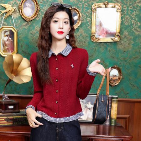 FA55364# 春秋时尚假两件针织毛衣洋气减龄蝴蝶结格子翻领气质开衫上衣 服裝批發女裝批發服飾貨源