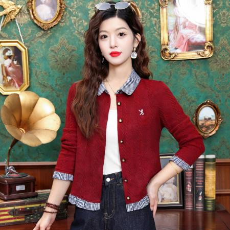 FA55364# 春秋时尚假两件针织毛衣洋气减龄蝴蝶结格子翻领气质开衫上衣 服裝批發女裝批發服飾貨源