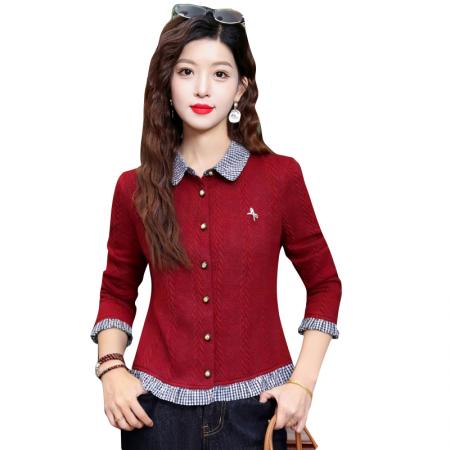 FA55364# 春秋时尚假两件针织毛衣洋气减龄蝴蝶结格子翻领气质开衫上衣 服裝批發女裝批發服飾貨源