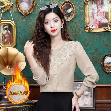 FA55365# 秋冬新款加绒长袖蕾丝花边圆领显瘦减龄百搭洋气上衣 服裝批發女裝批發服飾貨源