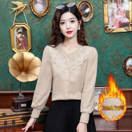 FA55365# 秋冬新款加绒长袖蕾丝花边圆领显瘦减龄百搭洋气上衣 服裝批發女裝批發服飾貨源