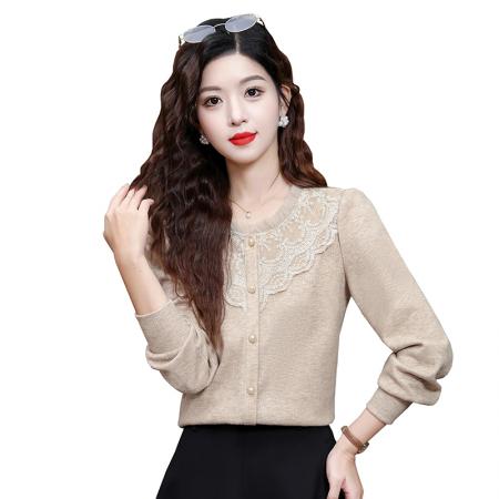 FA55365# 秋冬新款加绒长袖蕾丝花边圆领显瘦减龄百搭洋气上衣 服裝批發女裝批發服飾貨源