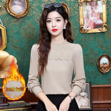 FA55366# 加绒独特漂亮小衫蕾丝内搭高贵洋气上衣百搭时尚修身长袖上衣 服裝批發女裝批發服飾貨源