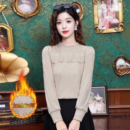 FA55366# 加绒独特漂亮小衫蕾丝内搭高贵洋气上衣百搭时尚修身长袖上衣 服裝批發女裝批發服飾貨源