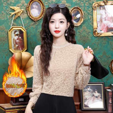 FA55367# 冬季新款木耳领花边珠饰打底单穿时尚加厚磨毛蕾丝上衣 服裝批發女裝批發服飾貨源