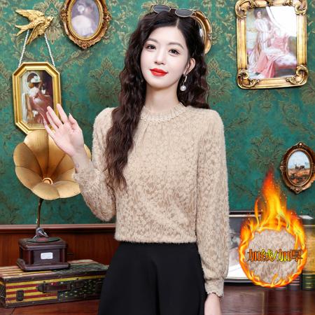 FA55367# 冬季新款木耳领花边珠饰打底单穿时尚加厚磨毛蕾丝上衣 服裝批發女裝批發服飾貨源