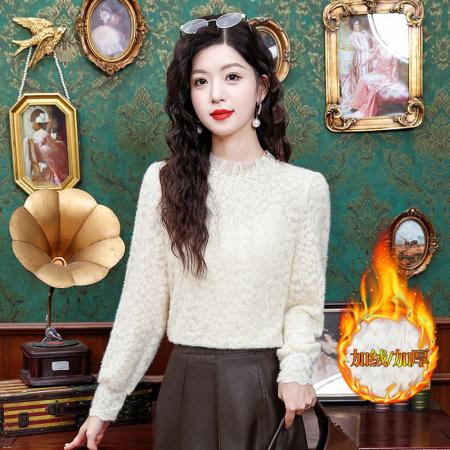 FA55367# 冬季新款木耳领花边珠饰打底单穿时尚加厚磨毛蕾丝上衣 服裝批發女裝批發服飾貨源