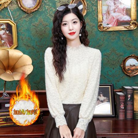 FA55367# 冬季新款木耳领花边珠饰打底单穿时尚加厚磨毛蕾丝上衣 服裝批發女裝批發服飾貨源