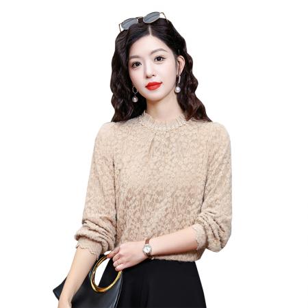 FA55367# 冬季新款木耳领花边珠饰打底单穿时尚加厚磨毛蕾丝上衣 服裝批發女裝批發服飾貨源