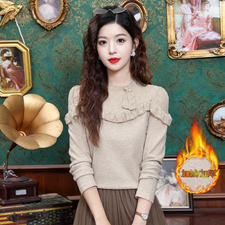FA55368# 时尚加绒打底衫女冬季新款洋气减龄显瘦蕾丝拼接百搭T恤 服裝批發女裝批發服飾貨源