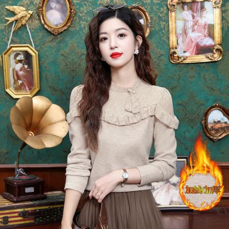 FA55368# 时尚加绒打底衫女冬季新款洋气减龄显瘦蕾丝拼接百搭T恤 服裝批發女裝批發服飾貨源