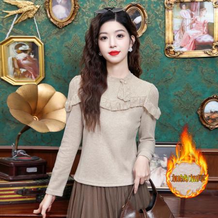 FA55368# 时尚加绒打底衫女冬季新款洋气减龄显瘦蕾丝拼接百搭T恤 服裝批發女裝批發服飾貨源