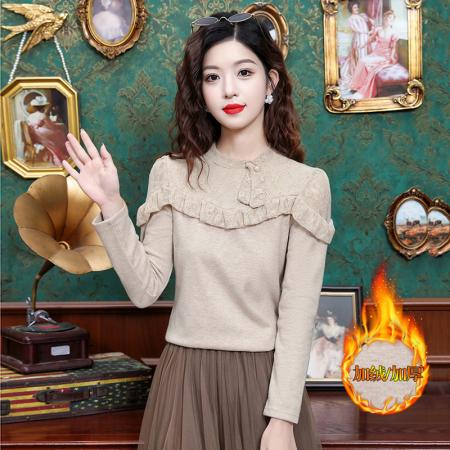 FA55368# 时尚加绒打底衫女冬季新款洋气减龄显瘦蕾丝拼接百搭T恤 服裝批發女裝批發服飾貨源