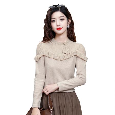 FA55368# 时尚加绒打底衫女冬季新款洋气减龄显瘦蕾丝拼接百搭T恤 服裝批發女裝批發服飾貨源