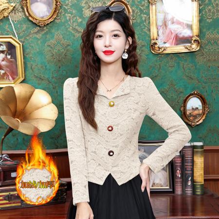 FA55369# 时尚V领蕾丝小衫女秋季新款洋气长袖打底百搭减龄上衣 服裝批發女裝批發服飾貨源