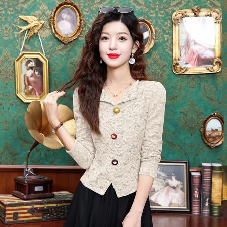 FA55369# 时尚V领蕾丝小衫女秋季新款洋气长袖打底百搭减龄上衣 服裝批發女裝批發服飾貨源