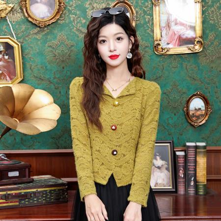 FA55369# 时尚V领蕾丝小衫女秋季新款洋气长袖打底百搭减龄上衣 服裝批發女裝批發服飾貨源