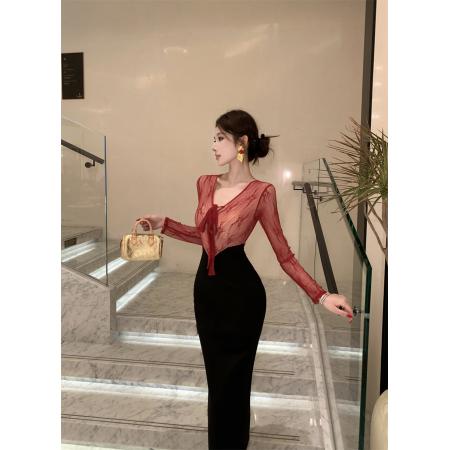 新款辣妹高级感蕾丝拼接修身显瘦连衣裙 服裝批發女裝批發服飾貨源