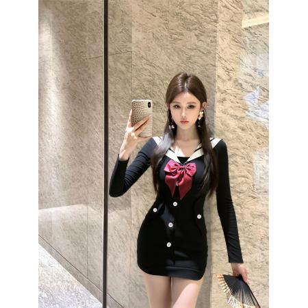 秋冬新款蝴蝶结翻领收腰显瘦包臀连衣裙 服裝批發女裝批發服飾貨源