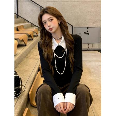 FA55377# 法式高级感polo领拼接假两件上衣女春季新款内搭打底衫设计感小众 服裝批發女裝批發服飾貨源