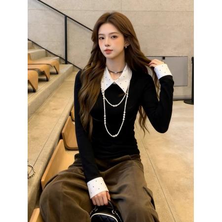 FA55377# 法式高级感polo领拼接假两件上衣女春季新款内搭打底衫设计感小众 服裝批發女裝批發服飾貨源