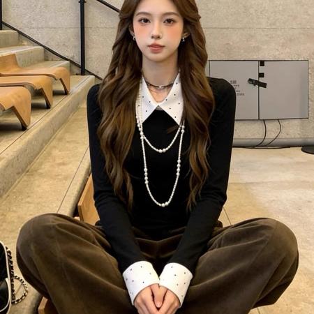 FA55377# 法式高级感polo领拼接假两件上衣女春季新款内搭打底衫设计感小众 服裝批發女裝批發服飾貨源