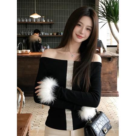 FA55380# 超好看的法式亮片绝美一字肩上衣女秋冬新款内搭打底衫设计感小众 服裝批發女裝批發服飾貨源