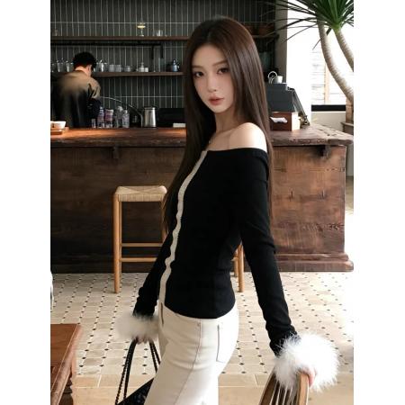 FA55380# 超好看的法式亮片绝美一字肩上衣女秋冬新款内搭打底衫设计感小众 服裝批發女裝批發服飾貨源