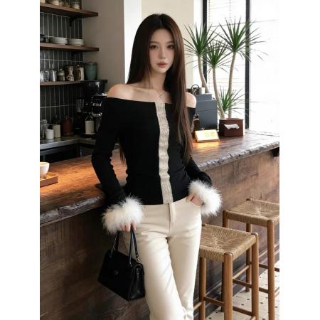 FA55380# 超好看的法式亮片绝美一字肩上衣女秋冬新款内搭打底衫设计感小众 服裝批發女裝批發服飾貨源