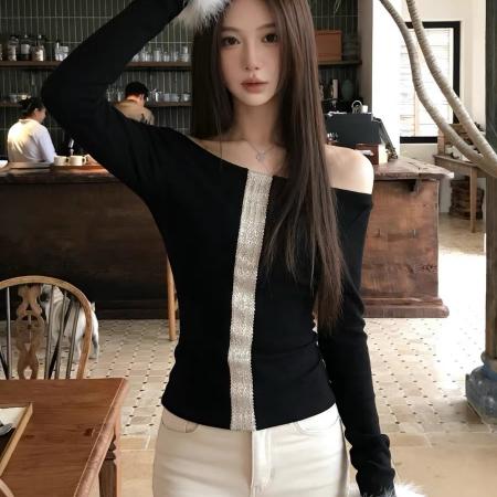 FA55380# 超好看的法式亮片绝美一字肩上衣女秋冬新款内搭打底衫设计感小众 服裝批發女裝批發服飾貨源