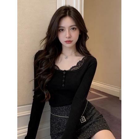 FA55381# 辣妹纯欲绝美蕾丝边黑色打底衫女秋冬新款内搭长袖上衣设计感小众 服裝批發女裝批發服飾貨源
