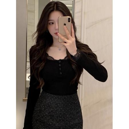 FA55381# 辣妹纯欲绝美蕾丝边黑色打底衫女秋冬新款内搭长袖上衣设计感小众 服裝批發女裝批發服飾貨源