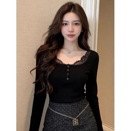 FA55381# 辣妹纯欲绝美蕾丝边黑色打底衫女秋冬新款内搭长袖上衣设计感小众 服裝批發女裝批發服飾貨源