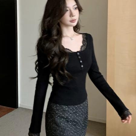 FA55381# 辣妹纯欲绝美蕾丝边黑色打底衫女秋冬新款内搭长袖上衣设计感小众 服裝批發女裝批發服飾貨源