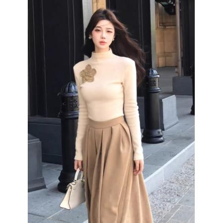 FA55382# 法式立体花朵高领打底衫女秋冬款内搭秋季新款针织上衣设计感小众 服裝批發女裝批發服飾貨源