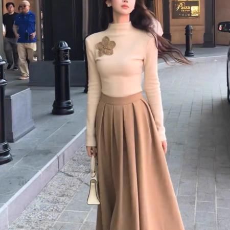 FA55382# 法式立体花朵高领打底衫女秋冬款内搭秋季新款针织上衣设计感小众 服裝批發女裝批發服飾貨源