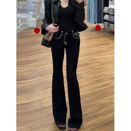 春季黑色高腰微喇牛仔裤女新款时尚洋气小个子显瘦直筒阔腿裤 服裝批發女裝批發服飾貨源