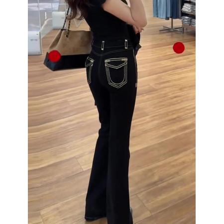 春季黑色高腰微喇牛仔裤女新款时尚洋气小个子显瘦直筒阔腿裤 服裝批發女裝批發服飾貨源