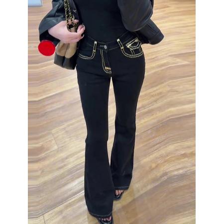 春季黑色高腰微喇牛仔裤女新款时尚洋气小个子显瘦直筒阔腿裤 服裝批發女裝批發服飾貨源