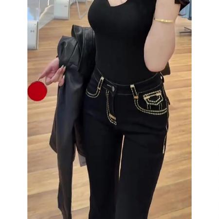 春季黑色高腰微喇牛仔裤女新款时尚洋气小个子显瘦直筒阔腿裤 服裝批發女裝批發服飾貨源
