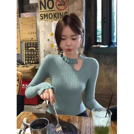 法式木耳边镂空短款针织打底衫女秋冬巨好看独特漂亮内搭绿色上衣 服裝批發女裝批發服飾貨源