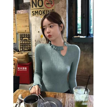 法式木耳边镂空短款针织打底衫女秋冬巨好看独特漂亮内搭绿色上衣 服裝批發女裝批發服飾貨源