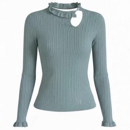 法式木耳边镂空短款针织打底衫女秋冬巨好看独特漂亮内搭绿色上衣 服裝批發女裝批發服飾貨源