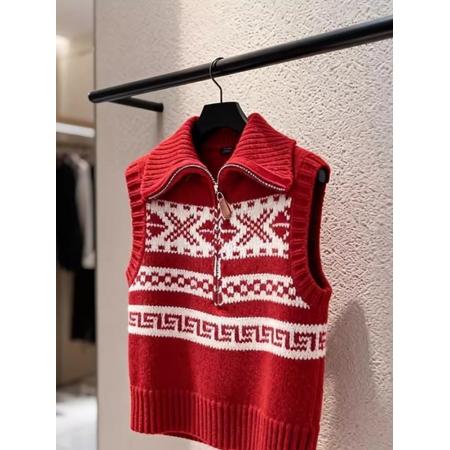 马甲新款今年流行爆款新年韩系减龄红色费尔岛无袖针织马夹女 服裝批發女裝批發服飾貨源